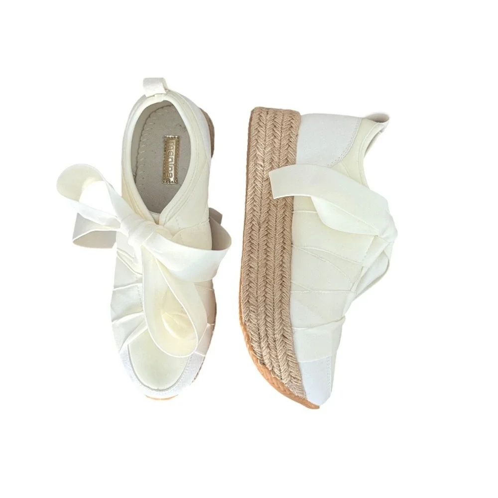 Menina Off White Satin Ribbon Bow Espadrille Platform Sneakers Womens